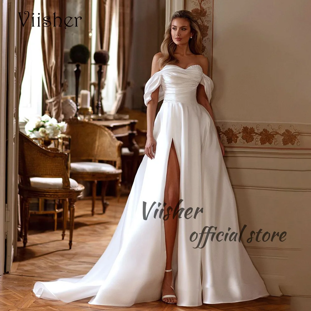Em promoção! Viisher Branco Uma Linha Princesa Vestidos de Noiva para Noiva  Off Ombro Esferas Querida Noiva Vestidos com Fenda Longa Vestido de Noiva