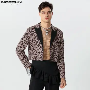 2023 Homens Blazer Leopard Impressão de Lapela Manga Longa Masculino Cultura Casacos Abertos Ponto de Streetwear Outono Moda Casual se ajustar INCERUN