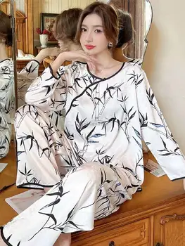 2023 melhorado chinês de estilo retro impressão de bambu pijama de mulheres da primavera e do outono de mangas curtas calças casa desgaste s318