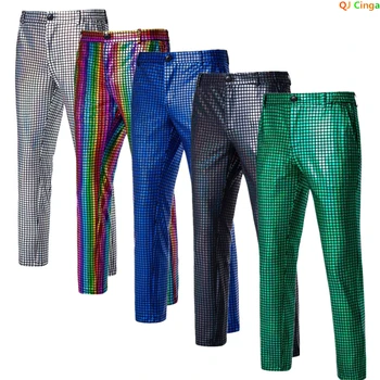 2024 Primavera Novo Verde Brilhante Terno Xadrez, Calças de Moda masculina Calça Preta Azul Prata Pantalones Hombre