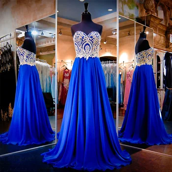 Abendkleider 2019 Azul Royal Formal Vestidos de Noite Vestidos de Ouro de Renda Longo Vestido de Baile de Formatura, Vestidos de Vestido de Festa Longo