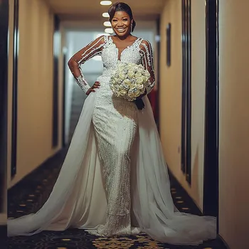 Africano De Vestidos De Noiva Para Mulheres De 2022, A Ilusão De Mangas Compridas Apliques De Lantejoulas Lace Vestido De Noiva Com Trem Destacável