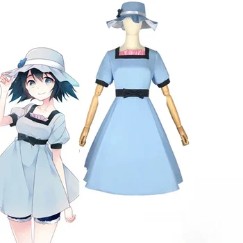 Anime Steins Gate Shiina Mayuri Cosplay Traje Vestido Azul com Chapéu de Festa de Papel Jogar Vestidos de Festa de Halloween Roupas