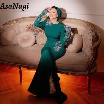 AsaNagi Manga Longa Muçulmano Vestido de Noite da Mulher Sereia O Pescoço Vestido de Baile de Cetim Cristal Comprimento do Assoalho Especial Ocasião Vestidos de 2024
