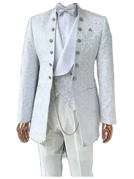 Branco Jacquard Design 3Pcs Padrão de Homens Ternos Conjuntos de Casamento Formal Blazer Calças de Homem de Smoking do Noivo Desgaste do Partido Jaqueta+Colete+Calça