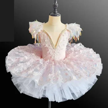 Crianças profissional de ballet menina de vestido de lantejoulas de borla dança moderna vestido de ginástica, ballet de aniversário da menina vestido de princesa