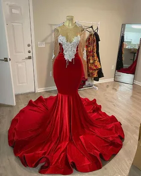 De Veludo vermelho Trombeta Africana Prom Dress com Manga Longa Pura Pescoço de Cristal Apliques de Borla Noite, Vestido de Festa de Aniversário