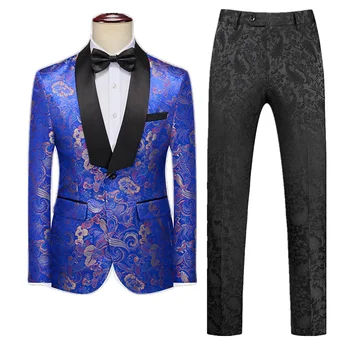 Dos Homens de moda de Luxo Jacquard Terno Azul / Amarelo / Vermelho de Homens de Negócios Sociais, Casamento, Festa de Formatura Smoking, Vestido com Blazer Jaqueta Calça
