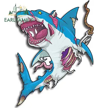 EARLFAMILY 13cm x 9,6 cm de Zumbi Tubarão Carro Adesivos de desenhos animados Isca Personalidade Decalque Campista Carro do Vinil Envoltório Adesivo Impermeável
