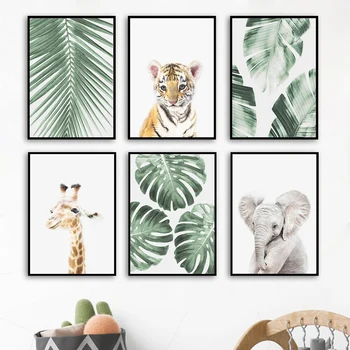 Girafa Tigre, Elefante Monstera De Folha De Palmeira Tropical Viveiro De Arte De Parede De Impressão De Tela De Pintura Nórdica Cartaz Fotos Decoração De Quarto De Crianças