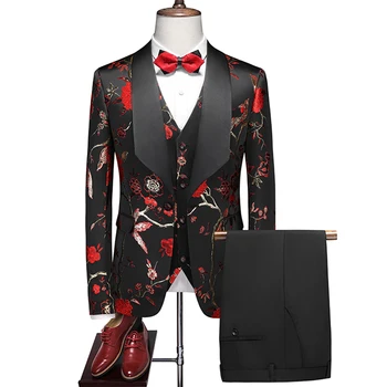 Homens novos de Luxo Jacquard Terno 2piece Moda Homens de Negócios da Festa de Casamento do Noivo Vestido de Smoking Masculino Blazers e Calças