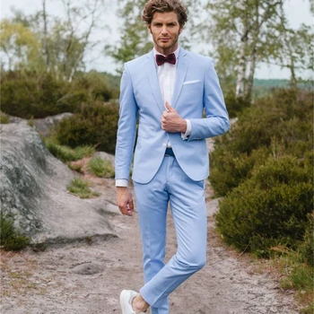 Luxo 2 Peças Homens de Casamento de Terno 2023 Slim Fit Noivo Smoking Lapela Pico de Negócio Formal Céu Azul Masculino Ternos (Blazer+Calça)
