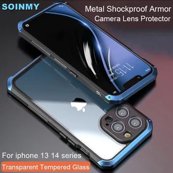Metal de alumínio à prova de Choque de Caso Para o iPhone 14 13 11 Pro Max Queda Protetor de Armação de Metal Tampa de Vidro Para o iphone 7 8 Plus XS MAX XR