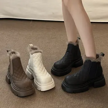 Mulheres NOVOS Apartamentos de Algodão de Pelúcia Chelsea Ankle Boots 2024 de Inverno, Moda de Nova Plataforma Casuais Senhoras Caminhadas Sapatos de Pele de Neve Quente