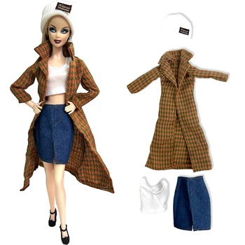 NK 1 Conjunto de Sol Boneca Tarde de Outono de Chá Chapéu de Malha+Premium Longo Casaco+Saia Para a Boneca Barbie 1/6 Vestido de Presente de Brinquedo