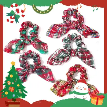 Nova Natal Cabelo Corda Laços De Moda Vintage Xadrez Cabelo Scrunchie Elástico Orelhas De Coelho Bandana Vermelha E Verde Mulheres De Acessórios De Cabelo