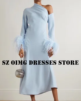 OIMG Novo Design Céu Azul Elegantes Vestidos de Baile Mulheres árabes de Um Ombro-Encantado Ruched Penas Vestidos de Noite Formal, Vestido de Festa