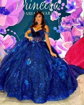 Rei Azul Brilhante Princesa Vestidos de Quinceanera Off Ombro Gillter Saia Floral Doce de 15 vestido dulces 16 de Baile Lace up