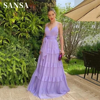 Sansa Lavanda فساتين السهرة Multilayer Prom Dress Sexy sem Mangas, Vestidos De Noche decote em V Uma linha de Vestido de Festa