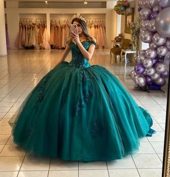 Verde Cinza Azul Princesa Vestidos De Quinceanera Vestido De Bola Fora Do Ombro Em Tule Apliques Sweet 16 Dresses 15 Años Mexicano