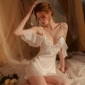 Vestido Branco Sexy Perspectiva Tentação De Renda Sem Encosto Pijama Cor Sólida Slim Suspender Nightdress Mulheres Usam Lingerie Erótica