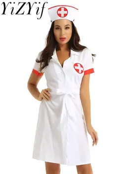 YiZYiF Mulheres Erótico Enfermeira Vestido Uniformes Adultos Naughty Enfermeira Médico Traje Vestido com Chapéu de Halloween Sexy de Empregada Roupas de Cosplay
